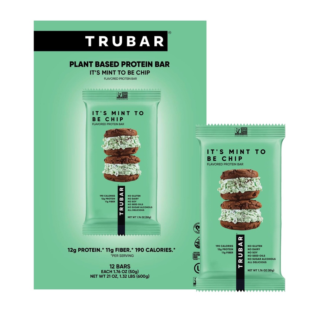 TRUBAR Vegan Protein Bar,It's Mint To Be Chip, Gluten Free, Plant Based Protein, Dairy Free, Non GMO, Soy Free, No Sugar Alcohols, 12G Protein, 12G Fiber, 23G Carb, On the Go Snack Bars, 12ct