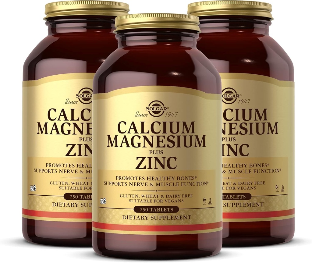 Solgar Calcium Magnesium Plus Zink - 250 tabletter, Pack of 3 - Främjar hälsosamma ben, stöder nerv- och muskelfunktion - Icke-GMO, Vegan, Glutenfri - 250 totala portioner
