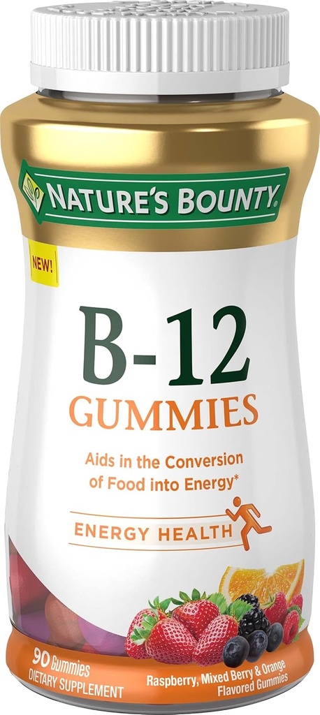 Nature 's Bounty Witamina B12 Gummies, Suplement diety, Wspomaga metabolizm energii i zdrowie układu nerwowego, Mieszany aromat jagód, 500mcg, 90 Gummies
