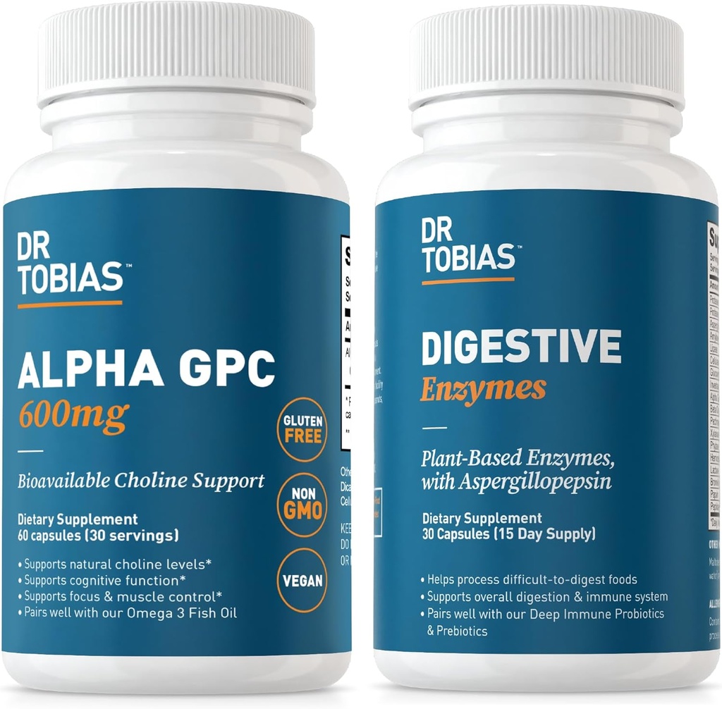 Dr Tobias Alpha GPC & Digestive Enzymes - Wsparcie funkcji kognitywnych & Codzienne Gut Health z Bioavailable Choline Supplement & Premium Enzymy dla trawienia, Non-GMO