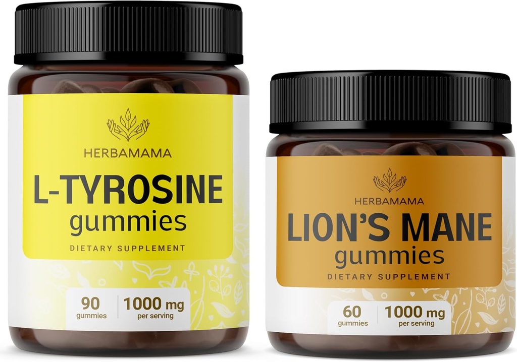 HERBAMAMA L- Tyrosine and Lion's Mane Kit - Bundle of 1000 mg L- Tyrosine & 1000 mg Mane Gummies - Vegen, Non- GMO, Gluecine- Free - 2 Pack