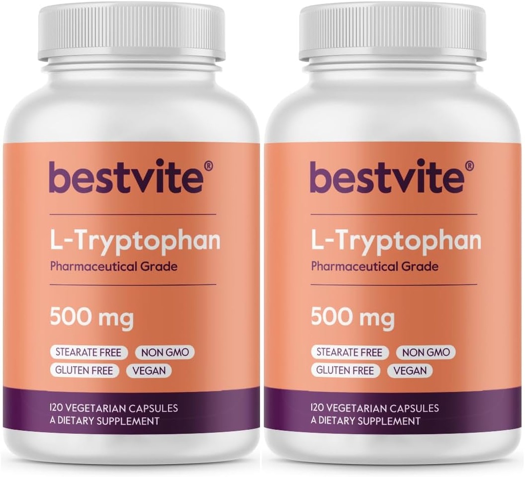 BESTVITE L-Tryptophan 每卡普尔500毫克(240个蔬菜卡普尔)(2-Pack) - 无 Stearates - 无 Silica - 无 Gelatin - Vegan - Gluten Free - 非 GMO