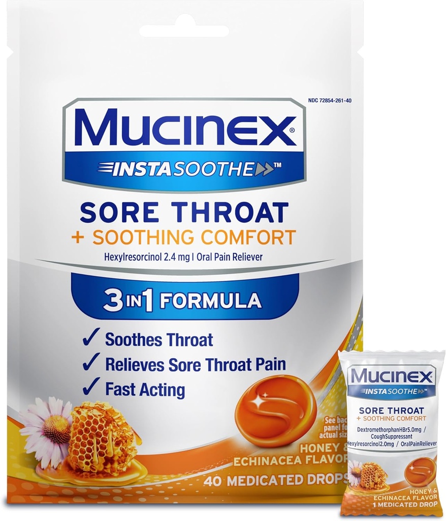 Mucinex Instasoothe Sore Throat Relief Drops, Sore Throat Lozenges, Sore Throat Medicine med Hexylresorcinol, Cough Drops Alternative, Honey & Echinacea Flavor, 40 ct
