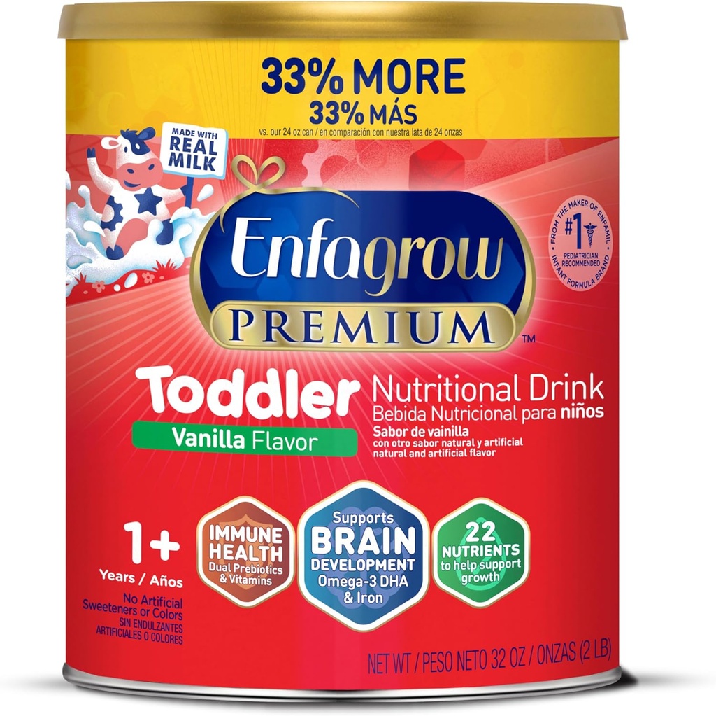 Enfagrow Premium Toddler Nutritional Drink, Natural Vanilla Flavor, Omega-3 DHA za podporo možganov, Prebiotiki in vitamini za imuno zdravje, Non-GMO, Powder Can, 32 Oz (Pack of 1
