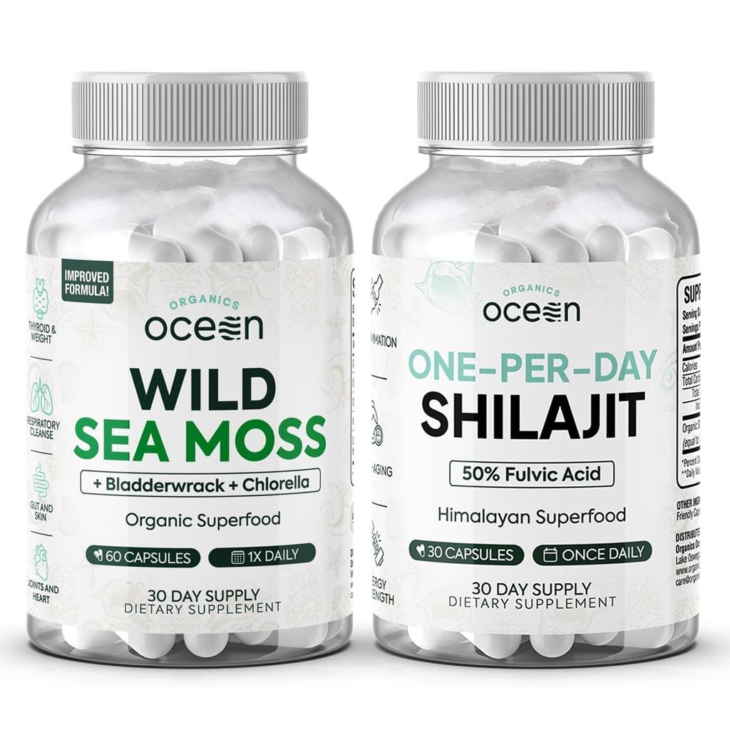 Organics Ocean Wild Sea Moss Capsules and One-per-Day Shilajit for Men and Women - 100% Irish Sea Moss and Pure Shilajit Capsules - Thyroid Support for Women and Men