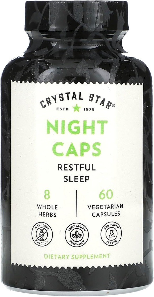 Crystal Star Night Caps Natural Sleep Aid Supplement (60 kapslar) - Herbal Non-Habit Forming - Valerian Root, Kava & Passion Flower - Non-GMO