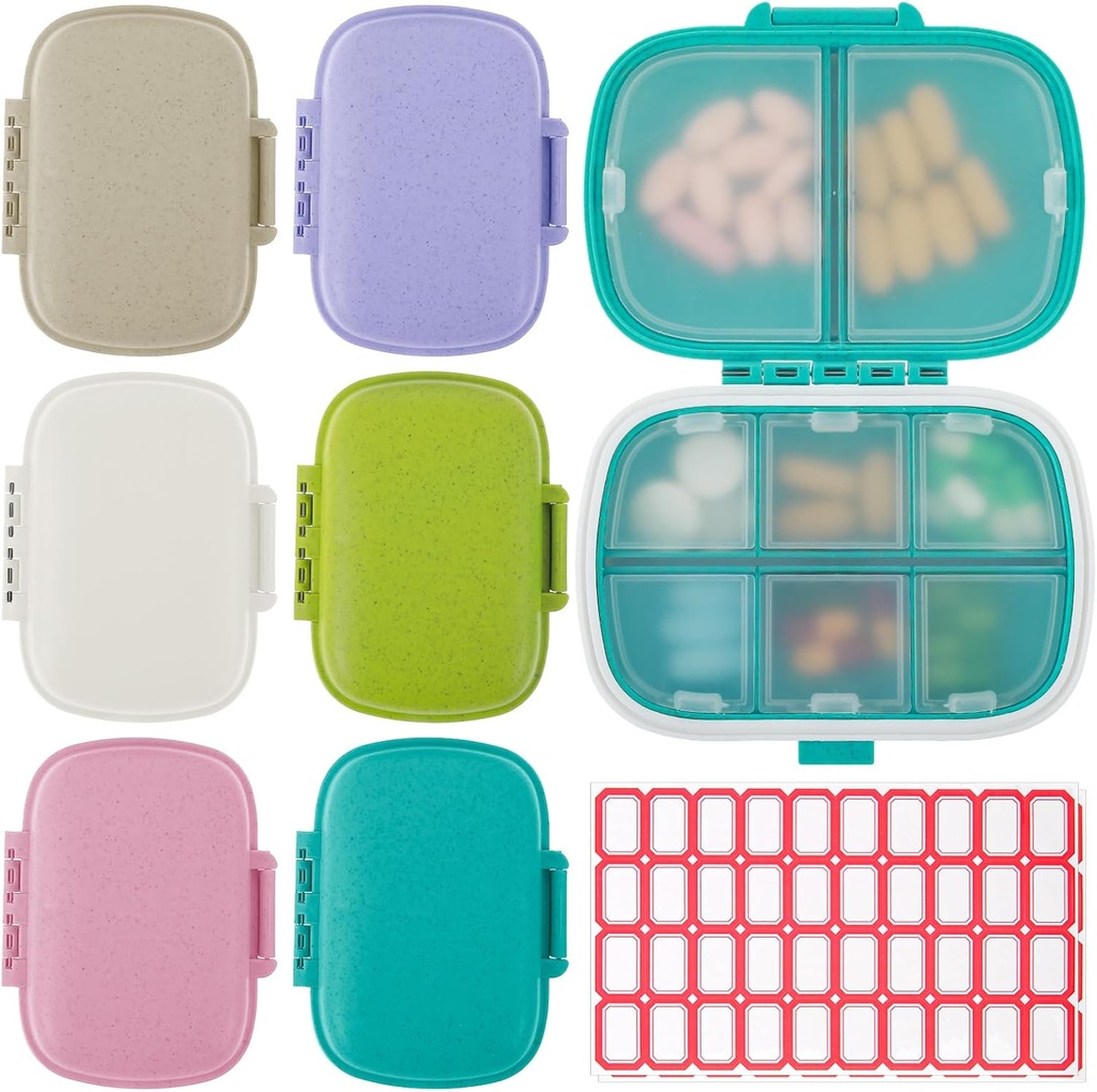 6 Pack Travel Pill Organizátor 8 Kompartmenty Přenosné Pill Pouzdro s etiketou Malé Pill Kontejner pro Kapesní Purse Medicine Storage Dipenser Vodotěsné Vitamin Holder Pill Případné
