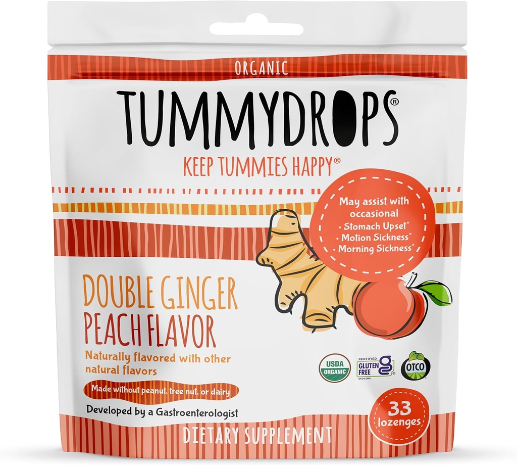 Tummydrops USDA אורגני כפול ג'ינג'ר Peach, 33 lozenges