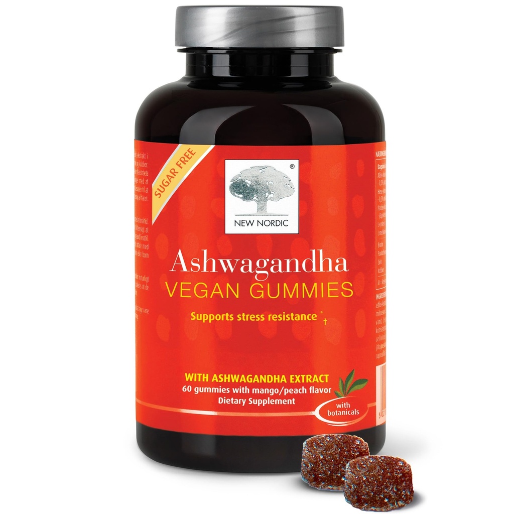 NEW NORDIC Ashwagandha Gummies, 300 mg Ashwagandha Root Extract, Sugar Free, Adaptogens for Men and Women, Delicious Mango Peach, 60 Gummies