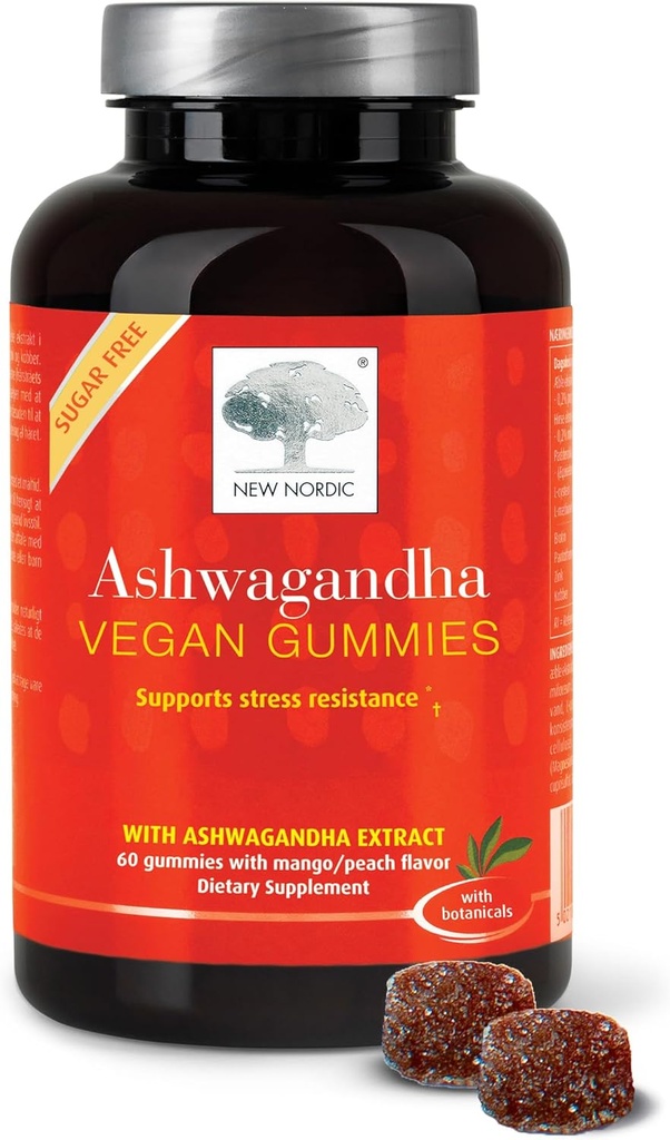 NEW NORDIC Ashwagandha Gummies, 300 mg Ashwagandha Root Extract, Sugar Free, Adaptogeny pro muže a ženy, Delicious Mango Peach, 60 Gummies