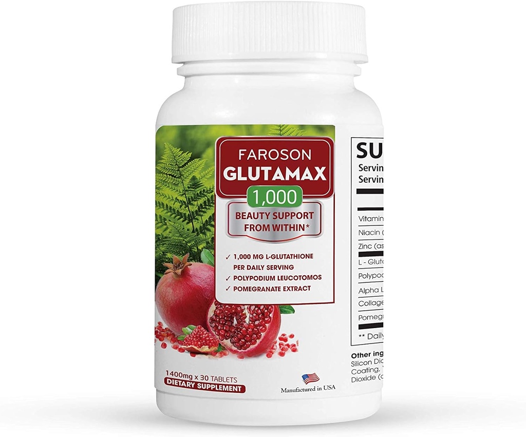 Glutamax,Whitening from Within, Glutathione 1000mg, FernPomegranate Extract, antioxidant Support, Skin Elsyity, Reduce Skin Aging for Womens 30 Tablets made in USA