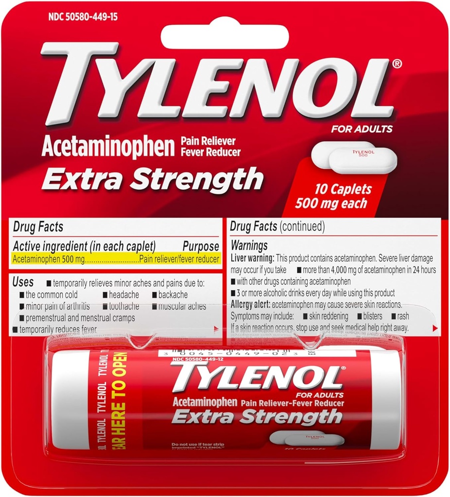 Tylenol Extra Forza 500 mg Caplets di acetaminofene, Riduttore di dolore e febbre, Acetaminofene per il dolore minore di artrite, mal di testa, Backache & Toothache, formato di viaggio, 10 ct