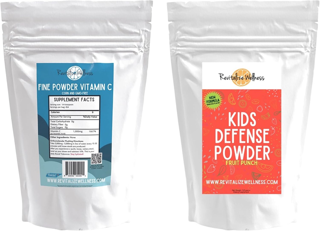 Bundle Buddy 124; Fine Powder Vitamin C, 454 Servere, og Kids Defense Powder (Fruit Punch), 120 Servere