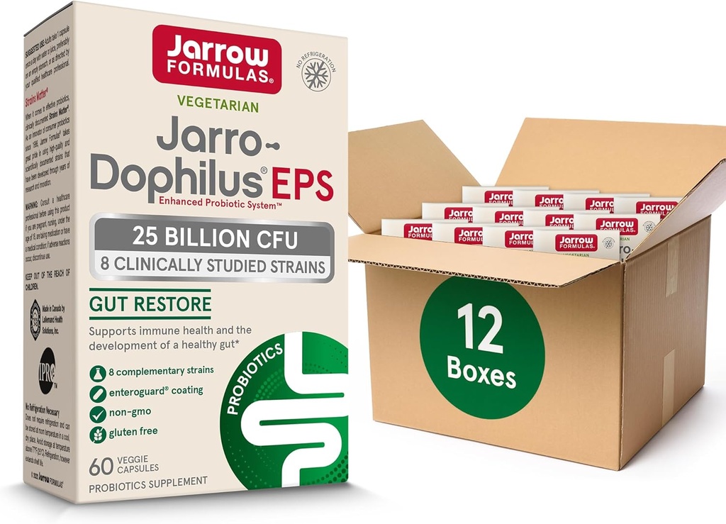 Вузькі формули Jarro-Dophilus EPS Probiotics 25 Billion CFU для інтестальної підтримки, Gut Health Probiotics добавки для жінок і чоловіків, 60 Veggie Capsules, до 60 днів постачання, 12 пакетів