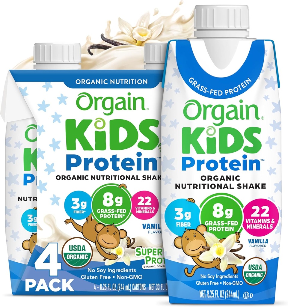 Orgain Organic Kids Protein Nutritional Shake, Vanilla - 8g protein, 22 Vitaminer og mineraler, Frukter og grønnsaker, Glutenfri, Soya Gratis, Ikke-GMO, 8,25 Fl Oz (Pack of 4)