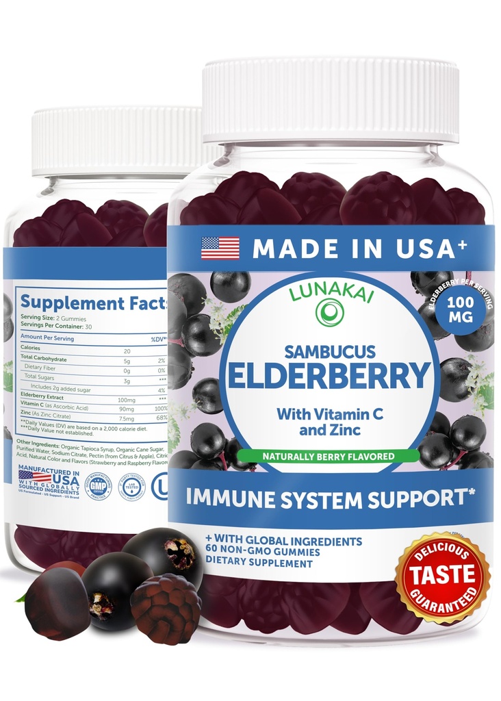 Lunakai USA Made Black Sambucus Elderberry Gummies for Adults & Kids | With Vitamin C & Zinc, Immune Support, Antioxidants, Non-GMO, Daily Supplement, 60 Gummies