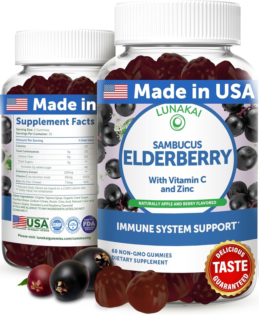 Lunakai USA Made Black Sambucus Vlierbessen Gummies voor volwassenen & kinderen met vitamine C & zink - Immuun Support, Antioxidanten, Non-GMO, 60 Gummies