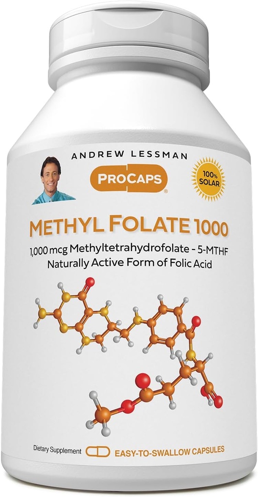 ANDREW LESSMAN Metüülfolaat 1000mg - 240 kapslit - 1000 mcg L-metüülfolaati, olulise vitamiini B9 tugevad tasemed toetavad tervislikku südant, aju, immuunsust ja rasedust. Kergesti neelatavad kapslid