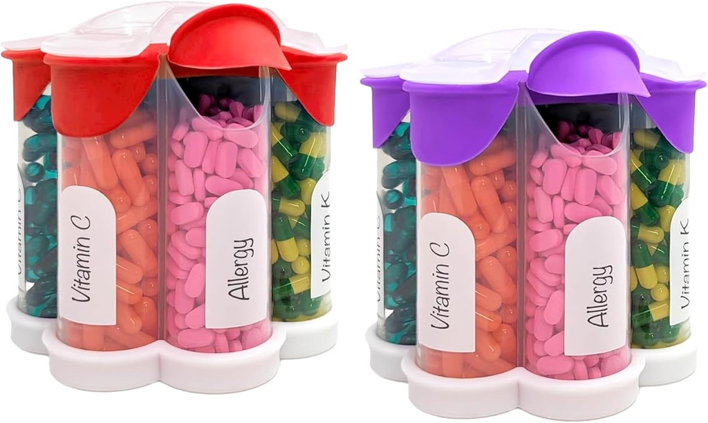 Extra Large Pill Organizer Daily, Weekly, Monthly Supplement Bottle, Cute Blossom Pill Dispenser med 7 XL Compartments (2 Pack Combo) (Purple and Red)