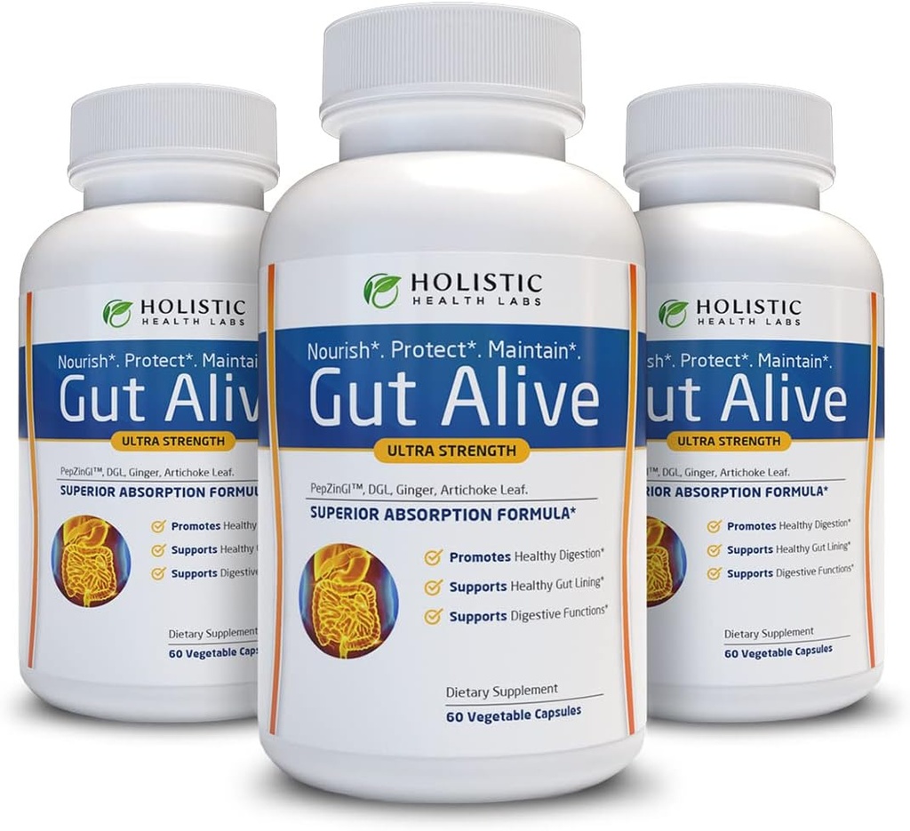 Gut Alive - Tutto il supporto naturale per combattere IBS, bruciore di stomaco, indigestione acida, riflusso acido, Bloating & Gas. Formulazione unica (60 Conte (Pack of 3))
