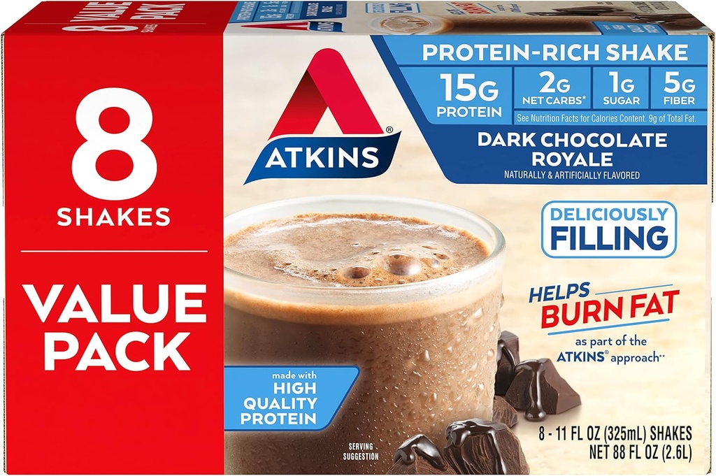 Atkins Gluten Free Protein- Rich purtyti, Tamsus šokoladas Royale, Keto- Friendly, 8 grafas (pakuotėje 1)