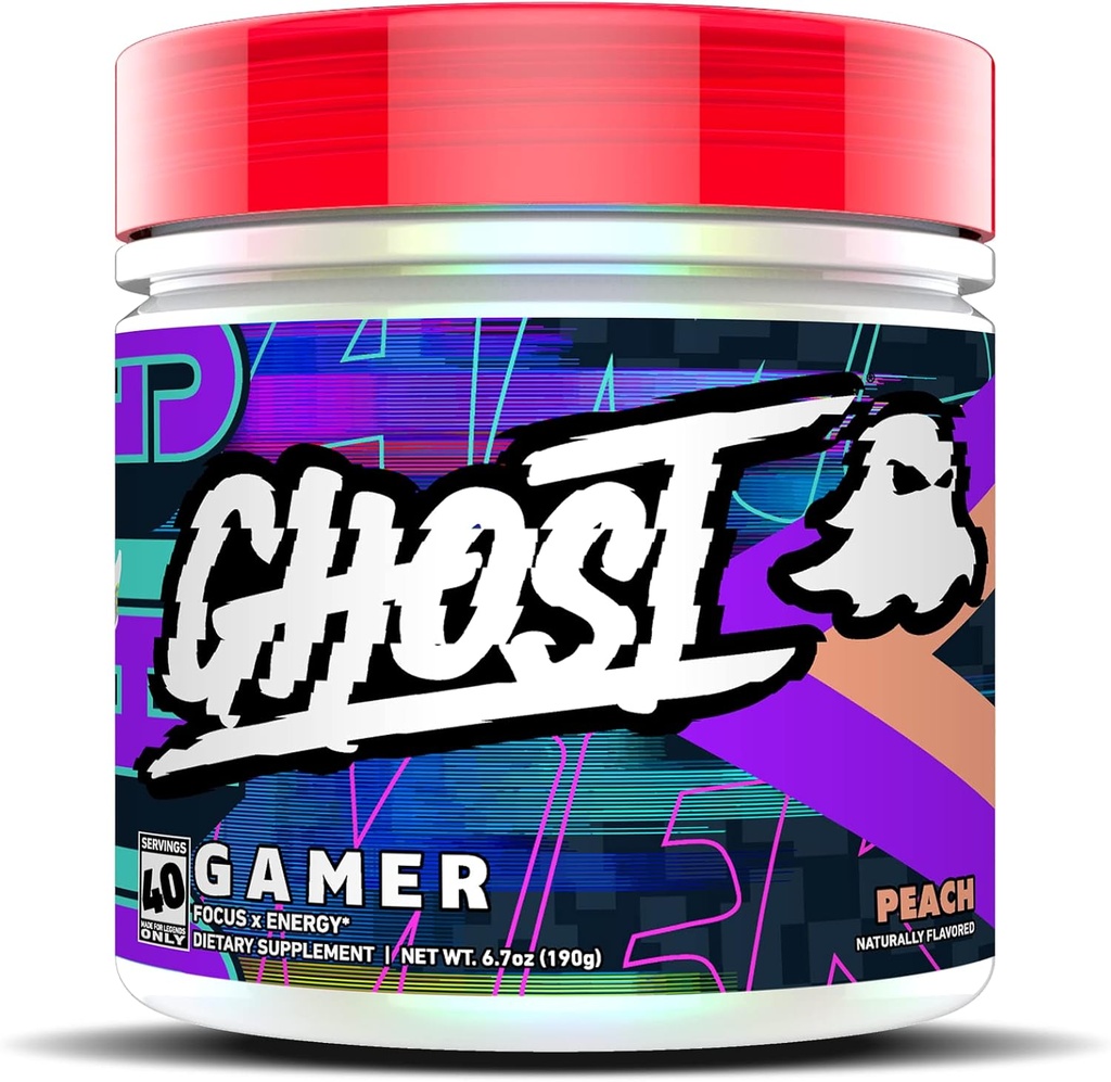 GHOST Gamer: Energy and Focus Support Formula - 40 Servings, Peach - Nootropics & Natural Cafeine за внимание, точност и време на реакция - Веган, Gluten-Free