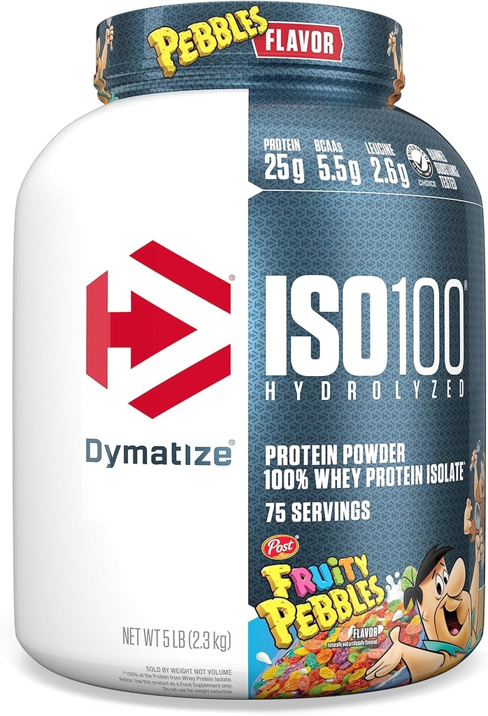 Dymatize x Fruity Pebbles ISO100 Whey Protein Powder Isolate, 25g de proteína, 5,5g BCAAs, 120 Cal., Gluten Free, 1g de gordura, 1g de açúcar, 2g de carboidrato (75 Servings)