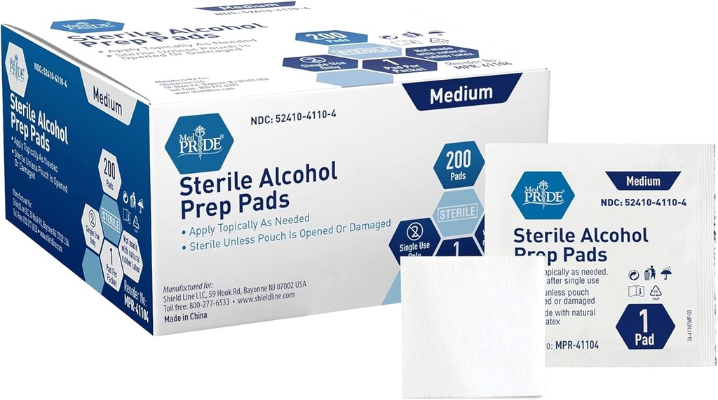 MED PRIDE Sterile Alkol Prep Pads, Antiseptic,% 70 Isopropyl, Bireysel olarak yuvarlandı, Medical Grade 2 Ply Wipes (200 $ 1) White)