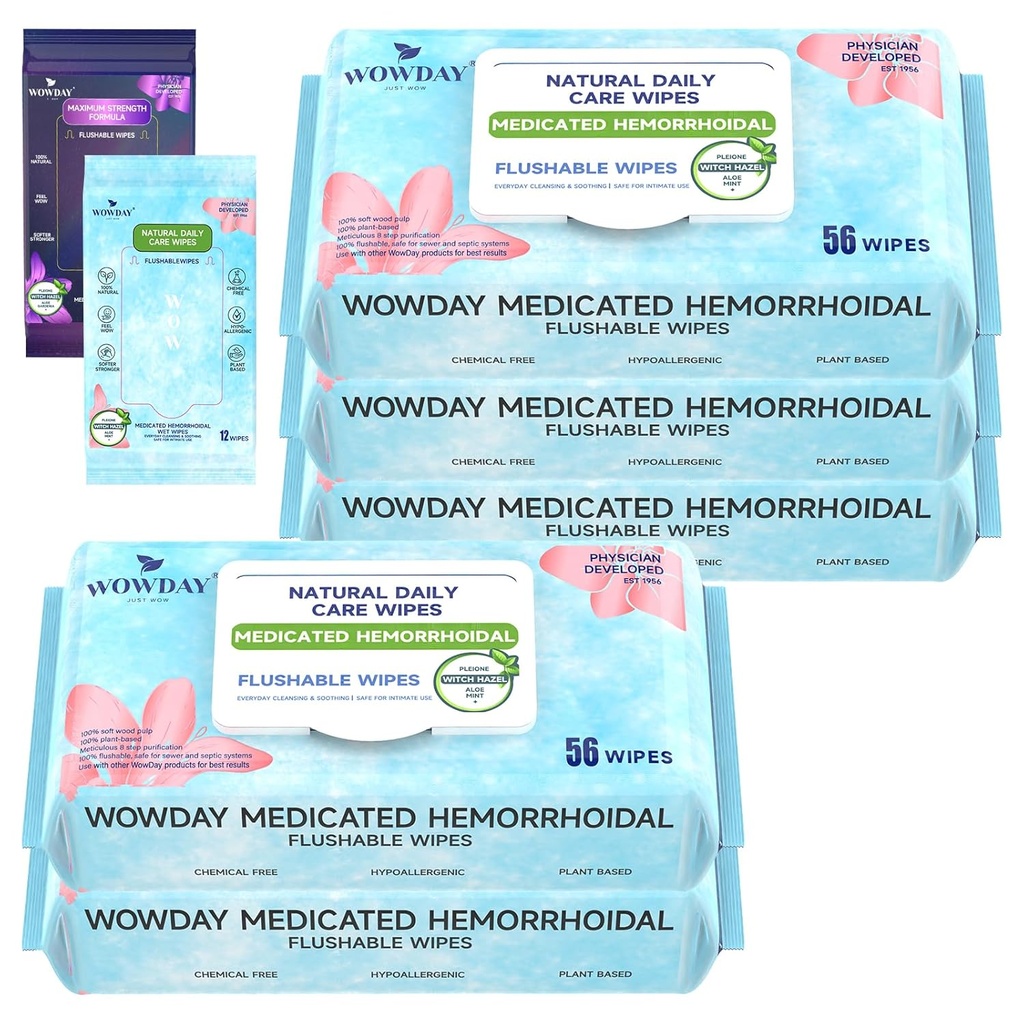 Flushable Hemorrhoid Wipes | Medicated Witch Hazel Wipes Ph Balanced | 304 Count Fragrance Free Adult Hemorrhoid Treatment Witch Hazels Wipe for Butt Itch Relief Soothing