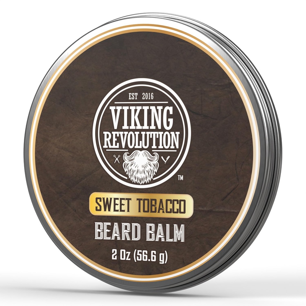 Viking Revolution Sweet Tobacco Beard Balm - Tobacco Scented Beard Butter with Argan Oil & Jojoba Oil - Softens and Moisturizes Beards for Men (2oz, 1 Pack)