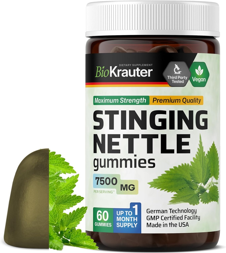 BIO KRAUTER Stinginging Nettle Gummies - 7500 mg Strength - 60 Chews - Nettle Root 10:1 Extract - Urinary Support Supplement - Vegan Gummies Gelatin-Free Formula