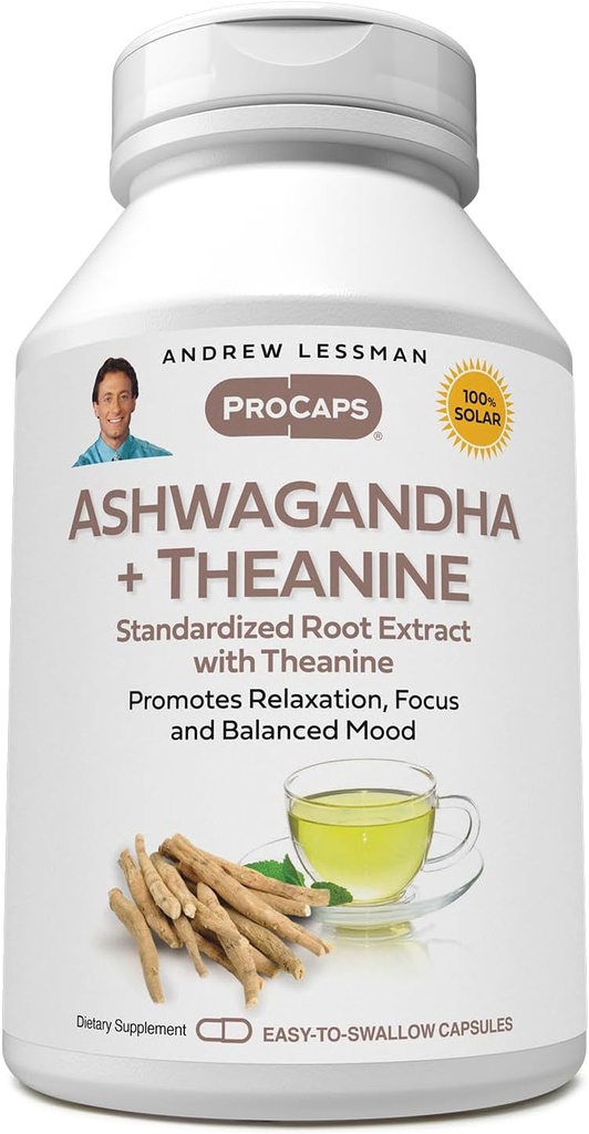 ANDREW LESSMAN Ashwagandha + Theanine 180 캡슐 - 표준화 된 추출물. Relaxation, Focus 및 Balanced Mood를 홍보합니다. 작은 쉽게 삼키기 캡슐