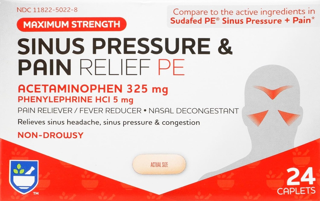 Rite Aid Sinus Pressure and Pain Reliever PE, Non-Drowsy - 24 Tablets 
