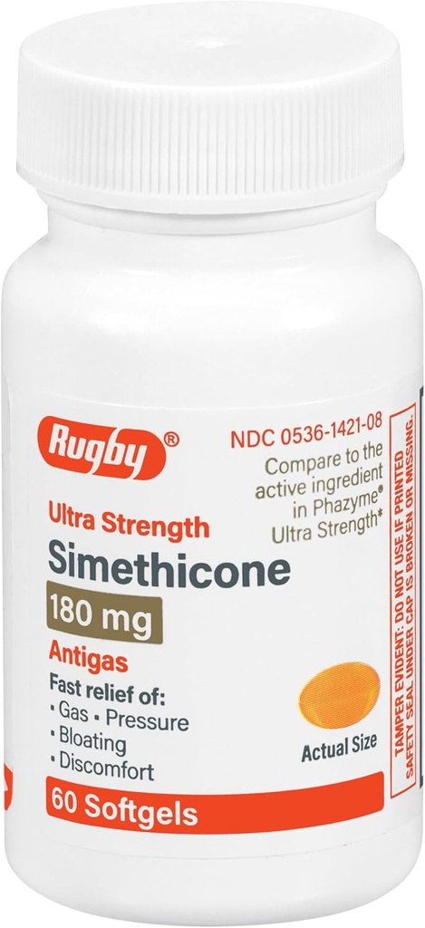 Rugby Ultra Strength Simeticone Gas Relief 180 mg - Maximum Gas Relief for Adults - May Help with Symps of flatulency, Bloating, Gas Fullness - 60 Softgels (1 balenie)