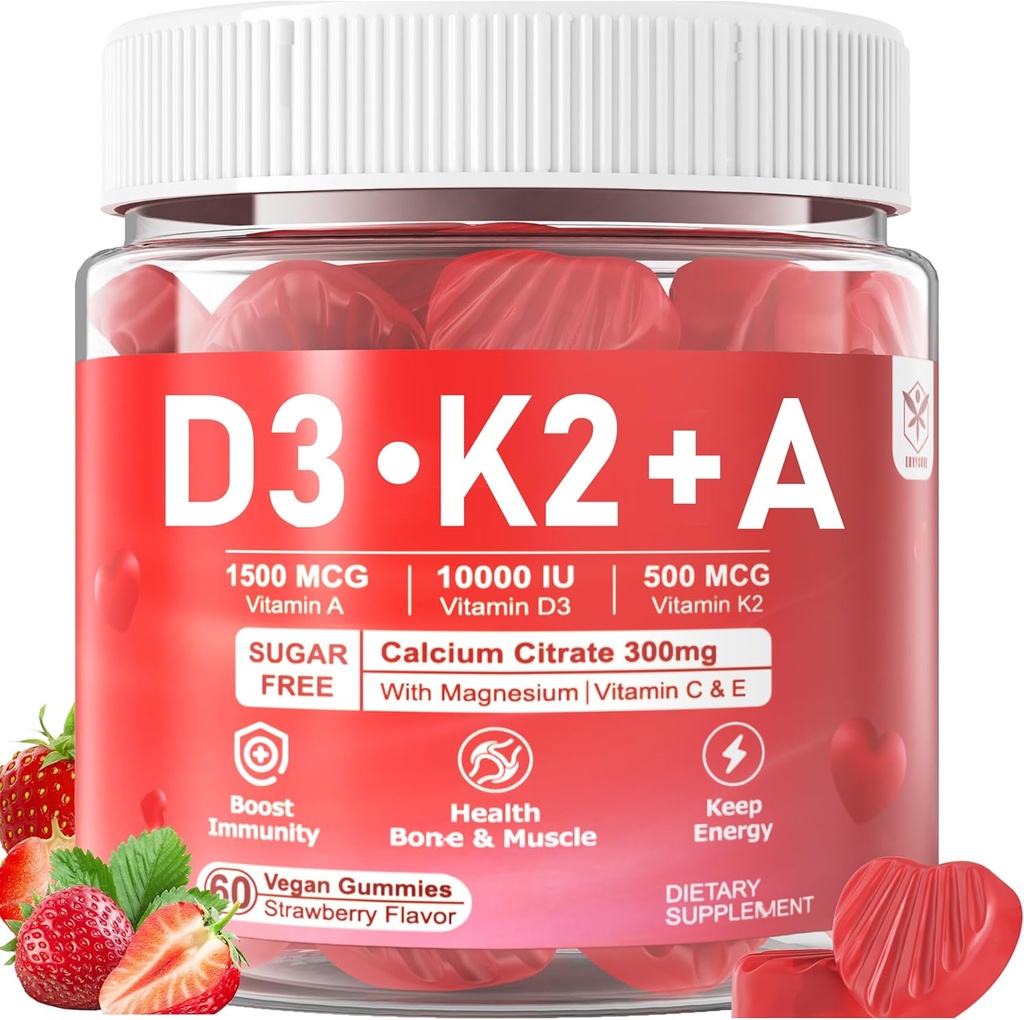 Vitamin D3 10000iu + K2 MK7 + Qadınlar və Kişilər üçün kalitium oksigen ilə bir Gummies, Yüksək Potensial ADK Ekstr Vitamini Dövləmə Sistemləri, Bone və Vision funksiyası, Sugar 120 Cts