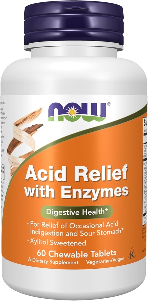 NOW Foods Supplements, Acid Relief med Enzymes, Xylitol Sweetened, Digestive Health *, 60 Chewables