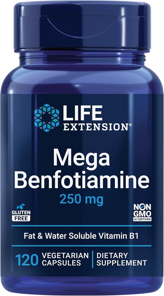 Life Extension Mega Benfotiamin, 250 mg, a Fat- Soluble Form of thiamin, Zdravý metabolismus, Ultra- bioavailable Vitamin B1, vysoká potence, gluten- Free, Non- GMO, Vegetariánské, 120 Kapsle