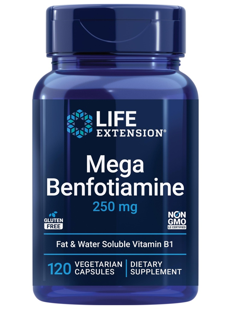 Life Extension Mega Benfotiamine, 250 mg, a fat-soluble form of thiamine, healthy metabolism, ultra-bioavailable vitamin B1, high potency, gluten-free, non-GMO, vegetarian, 120 capsules