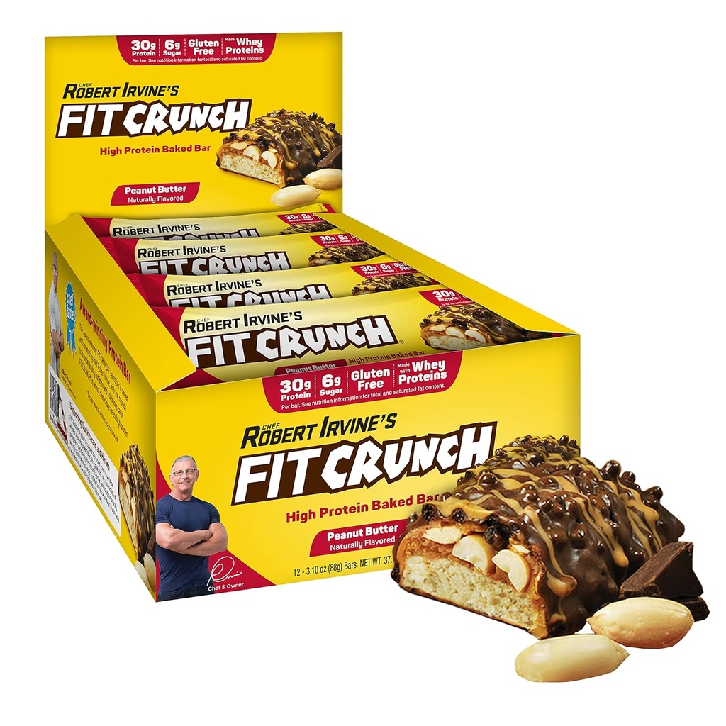 FITCRUNCH Пълен размер Протеинови барове, 6-Layer Печени барове, 6g захар, Gluten Free & Soft Cake Core (12 бара, Фъстъчено масло)