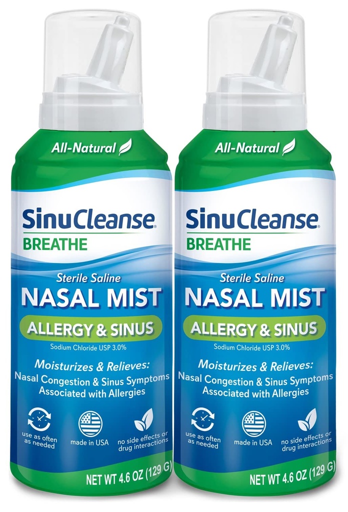 SinuCleanse Allergy & Sinus Sterile Saline Nasal Spray, Ultra Fine Mist, Instantly Moisturizes & Relieves Severe Nasal Congestion Due to Allergies, 4.6 Oz (2 Pack), Made in USA