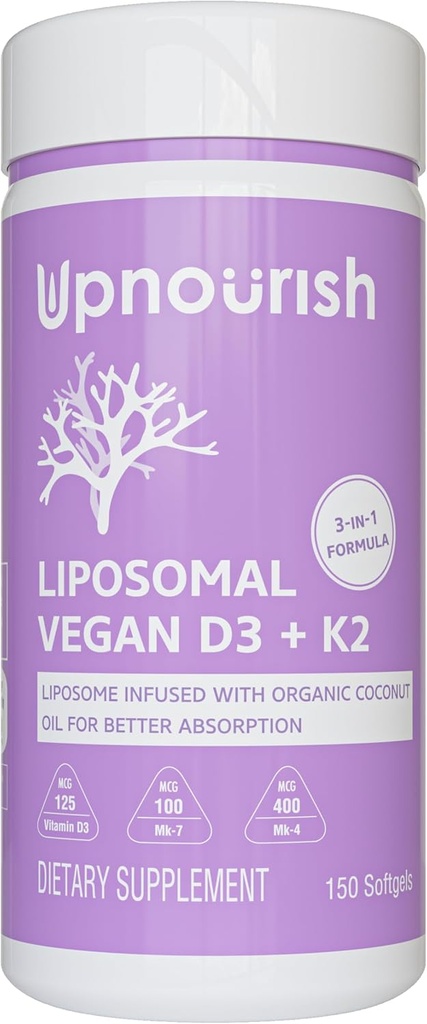 UpNourish Certified Vegan Vitamina D3 5000 IU K2 MK4 MK7 500 mcg Suplemento, 150 Softgels, Plant Based Liposomal Vitamin D K con aceite de coco orgánico, non GMO, Gluten e Gelatina libre