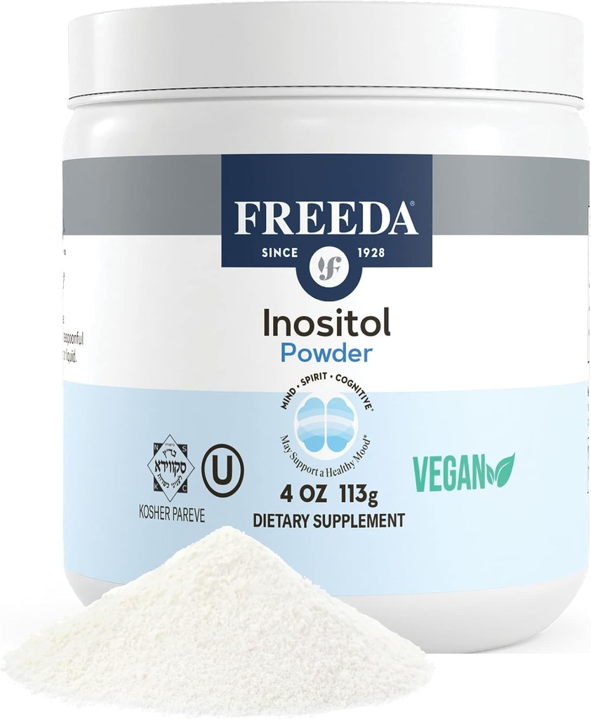 FreeDA Pure Poudre de Myo-Inositol – Vitamine B8 pour la santé hormonale, l'humeur et cellulaire – soutient la fertilité, le focus, l'énergie et le système nerveux – Kosher, végétalien, non-OGM, sans gluten (4 oz)