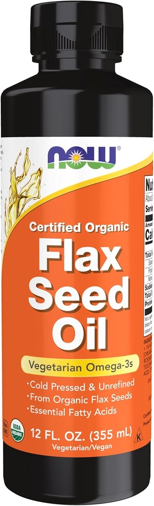 NOW Foods, 공인 유기농 Flax Seed Oil Liquid, 냉간압 및 Unrefined, 12-Ounce