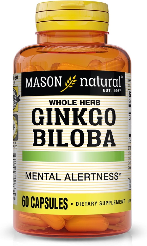Mason Natural Ginkgo Biloba, 1 Month Supply, Helps to Improve Mental Alertness & Support Optimal Brain Function, 60 Capsules