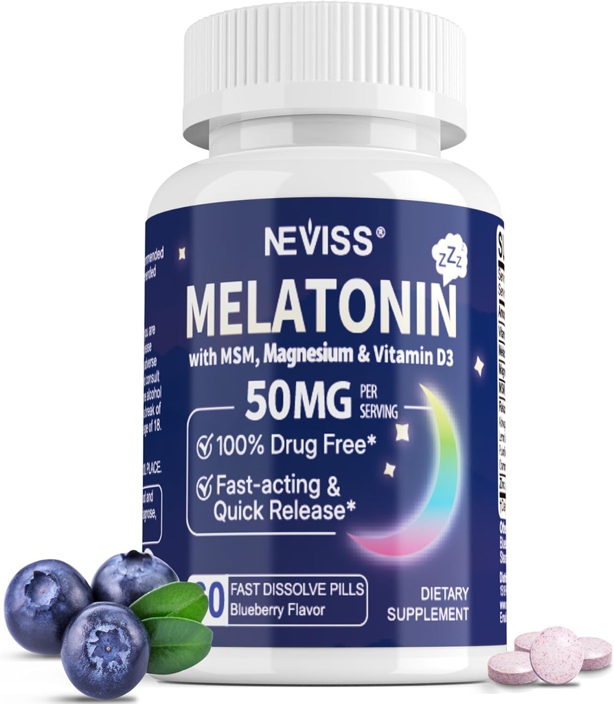 Melatonin 50 mg per adults - Extra força 9-in- 1 ràpid Dissolve Sublingüe - w/Vitamin D3 i MSM, relaxant Herbal Brit-Ashwadha, Llimona Balm, Ham, Passation, KCamo km, Sugar Free, Vegan 60vs