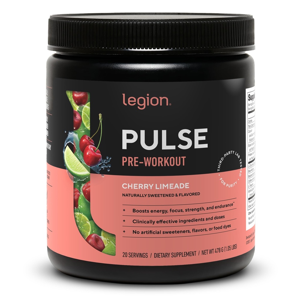 LEGION Pulse Pre Workout - All Natural Nitric Oxide Preworkout Drink to Boost Energy, Creatine Free, Naturally Sweetened, Beta Alanine, Citrulline, Alpha GPC (Cherry Limeade)