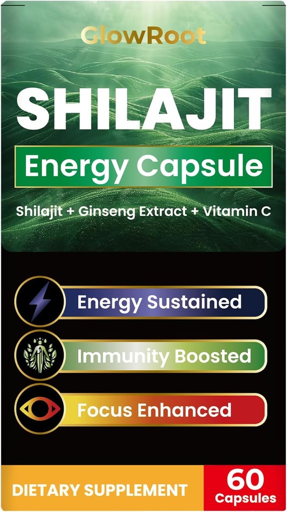 Shilajit Capsules, Shilajit de alto grao do Himalaia, abundante ácido fulvico e 85 minerais de traza, sen glute, sen engadidos cápsulas de azucre para homes e mulleres.