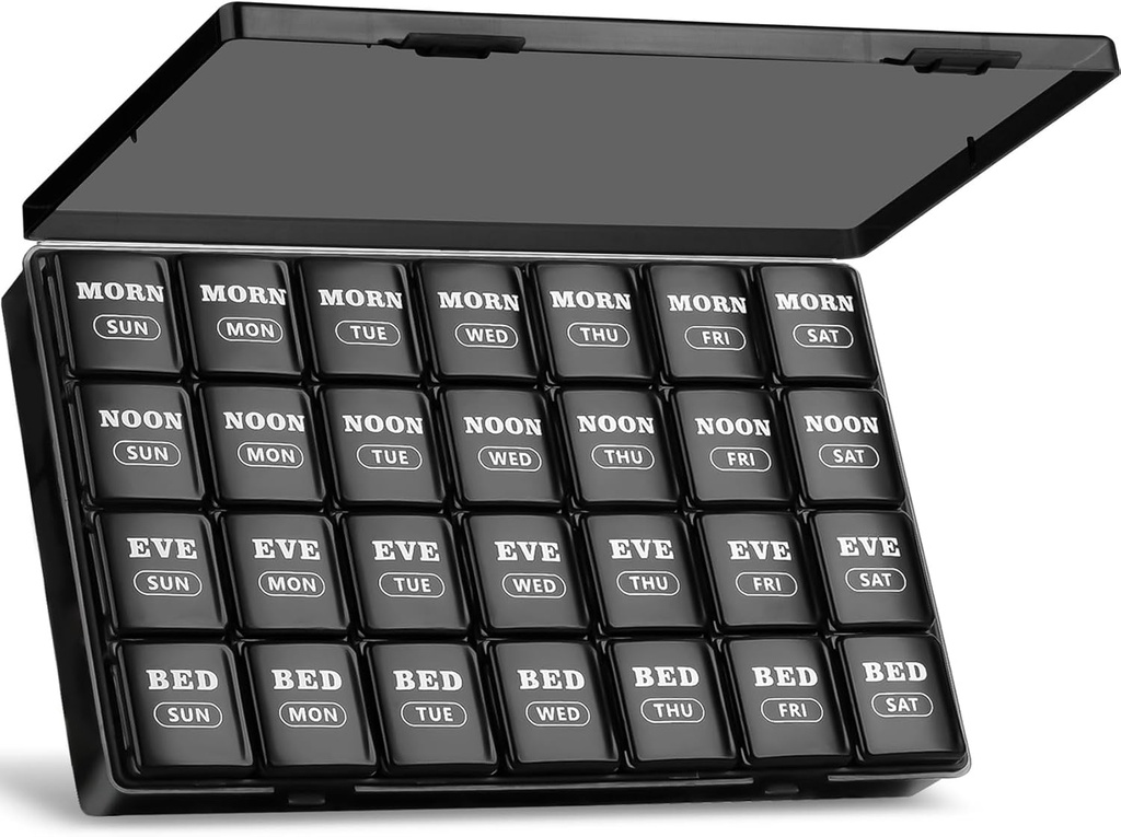 XL Large Weekly Pill Organizer 4 Times a Day, 7-Day Pill Boxes and Organizer AM PM, Big Compartments Pill Case, Monthly Medication Organizer 28 Days Dispenser for Fish Oils