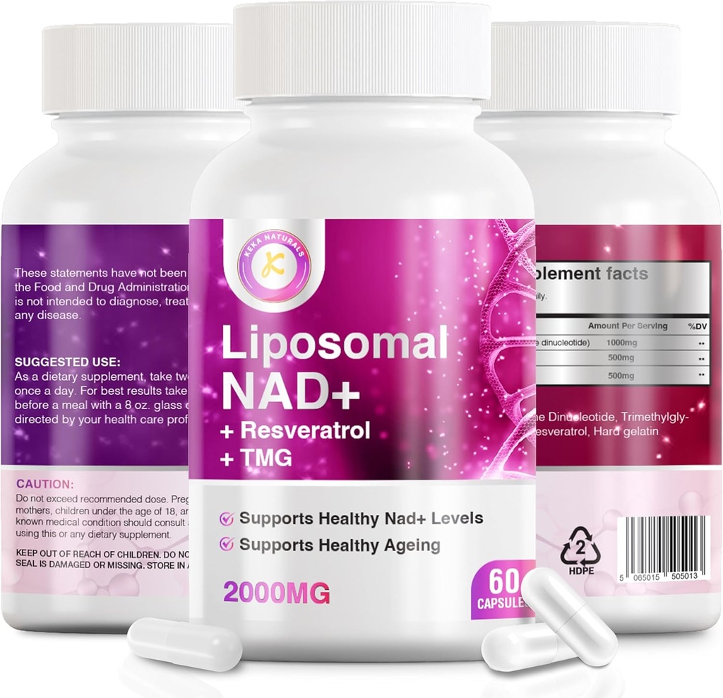 Ren NAD Resveratrol och TMG, 2000mg, 3 i 1 Avancerad Formel, Immune & Energy Support, Skin & Overall Health, 60 kapslar