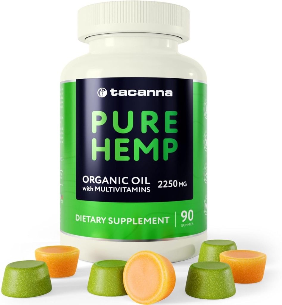 TACANNA Hemp Gummies - Oil Gummies for Adults with Vitamins C, B3, B6, B12, Biotin, B5 & Zinc for Better Sleep & Calm - Hemp Candy Supplement with Multivitamins & Omega 3, 6, 9-90 Count